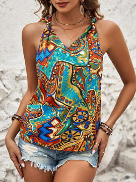 LUNE Blusa Impresa Sin Mangas Con Cuello En V Para Mujeres