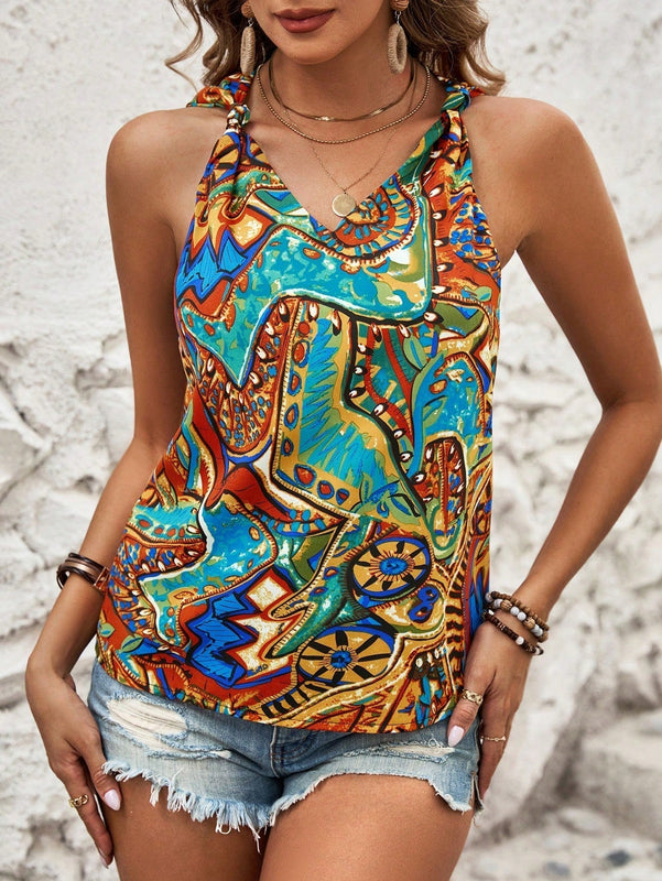 LUNE Blusa Impresa Sin Mangas Con Cuello En V Para Mujeres
