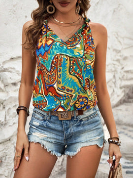 LUNE Blusa Impresa Sin Mangas Con Cuello En V Para Mujeres