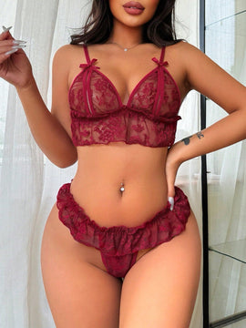 Conjunto De Top De Encaje Con Cuello En V Y Braguitas Con Ribete De Volantes