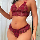 Conjunto De Top De Encaje Con Cuello En V Y Braguitas Con Ribete De Volantes