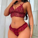 Conjunto De Top De Encaje Con Cuello En V Y Braguitas Con Ribete De Volantes
