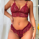 Conjunto De Top De Encaje Con Cuello En V Y Braguitas Con Ribete De Volantes