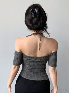 Dazy Designer Camiseta Ajustada Plisada Sin Mangas Con Cuello Halter