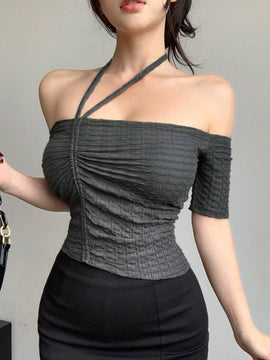 Dazy Designer Camiseta Ajustada Plisada Sin Mangas Con Cuello Halter