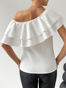 Prive Blusa Blanca De Cuello Asimetrico Con Ribete De Volantes Para Mujer