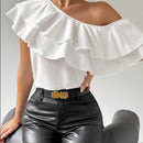 Prive Blusa Blanca De Cuello Asimetrico Con Ribete De Volantes Para Mujer