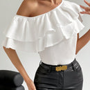 Prive Blusa Blanca De Cuello Asimetrico Con Ribete De Volantes Para Mujer
