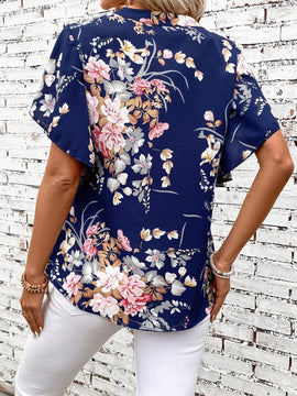 LUNE Blusa De Manga Corta Con Cuello Acanalado, Estampado Floral Y Dobladillo Con Vuelo