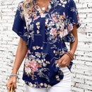 LUNE Blusa De Manga Corta Con Cuello Acanalado, Estampado Floral Y Dobladillo Con Vuelo