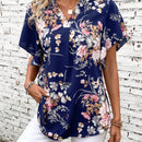 LUNE Blusa De Manga Corta Con Cuello Acanalado, Estampado Floral Y Dobladillo Con Vuelo