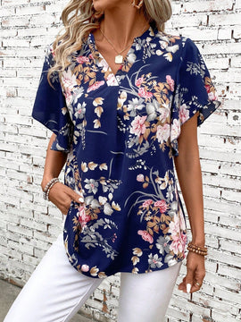 LUNE Blusa De Manga Corta Con Cuello Acanalado, Estampado Floral Y Dobladillo Con Vuelo