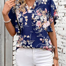 LUNE Blusa De Manga Corta Con Cuello Acanalado, Estampado Floral Y Dobladillo Con Vuelo