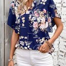 LUNE Blusa De Manga Corta Con Cuello Acanalado, Estampado Floral Y Dobladillo Con Vuelo
