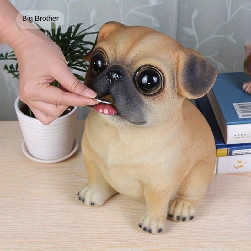Alcancía de perro pug de resina, tamaño grande, para ahorrar monedas, decoración para el hogar, regalo para fiestas, no necesita electricidad