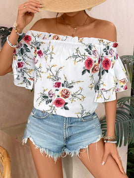 VCAY Camisa Casual Con Hombros Descubiertos Y Diseno Floral