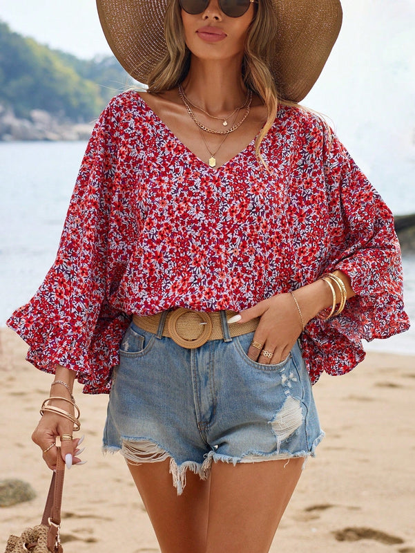 Frenchy Blusa De Manga Acampanada Con Dobladillo Con Volantes Y Estampado Floral De Vacaciones De Verano