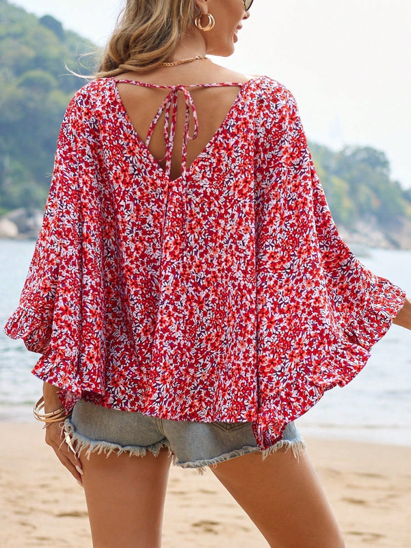 Frenchy Blusa De Manga Acampanada Con Dobladillo Con Volantes Y Estampado Floral De Vacaciones De Verano