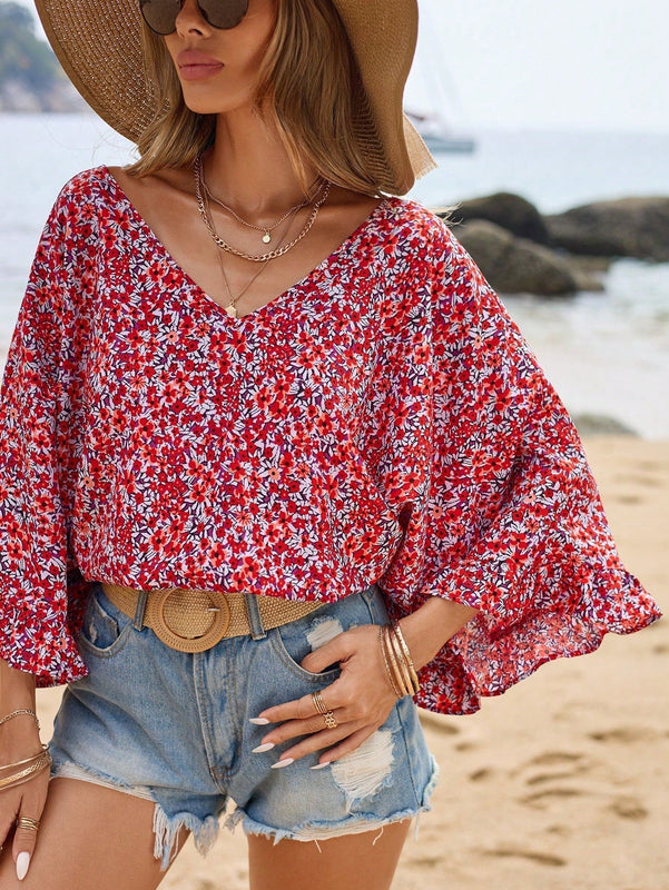 Frenchy Blusa De Manga Acampanada Con Dobladillo Con Volantes Y Estampado Floral De Vacaciones De Verano