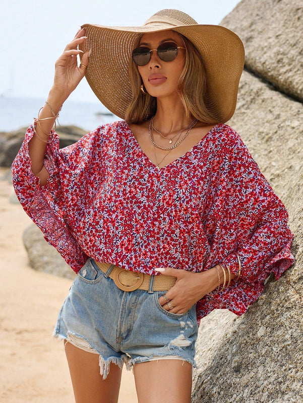 Frenchy Blusa De Manga Acampanada Con Dobladillo Con Volantes Y Estampado Floral De Vacaciones De Verano