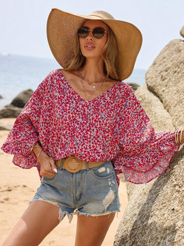 Frenchy Blusa De Manga Acampanada Con Dobladillo Con Volantes Y Estampado Floral De Vacaciones De Verano