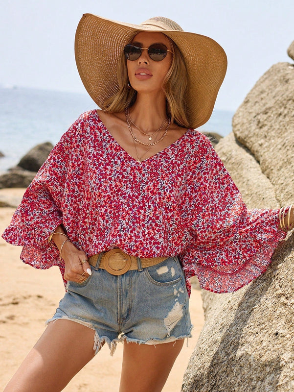 Frenchy Blusa De Manga Acampanada Con Dobladillo Con Volantes Y Estampado Floral De Vacaciones De Verano