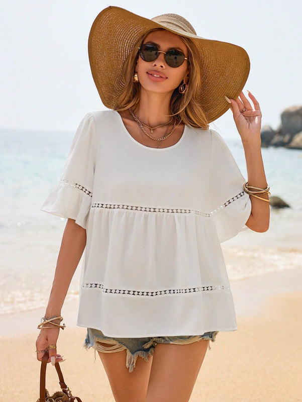 Frenchy Blusa Blanca De Manga De Mariposa Con Encaje Y Cuello Redondo, Adecuada Para La Temporada De Bodas