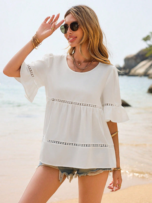 Frenchy Blusa Blanca De Manga De Mariposa Con Encaje Y Cuello Redondo, Adecuada Para La Temporada De Bodas