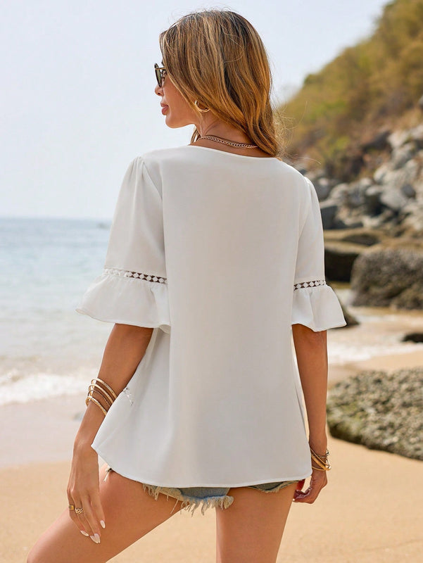 Frenchy Blusa Blanca De Manga De Mariposa Con Encaje Y Cuello Redondo, Adecuada Para La Temporada De Bodas