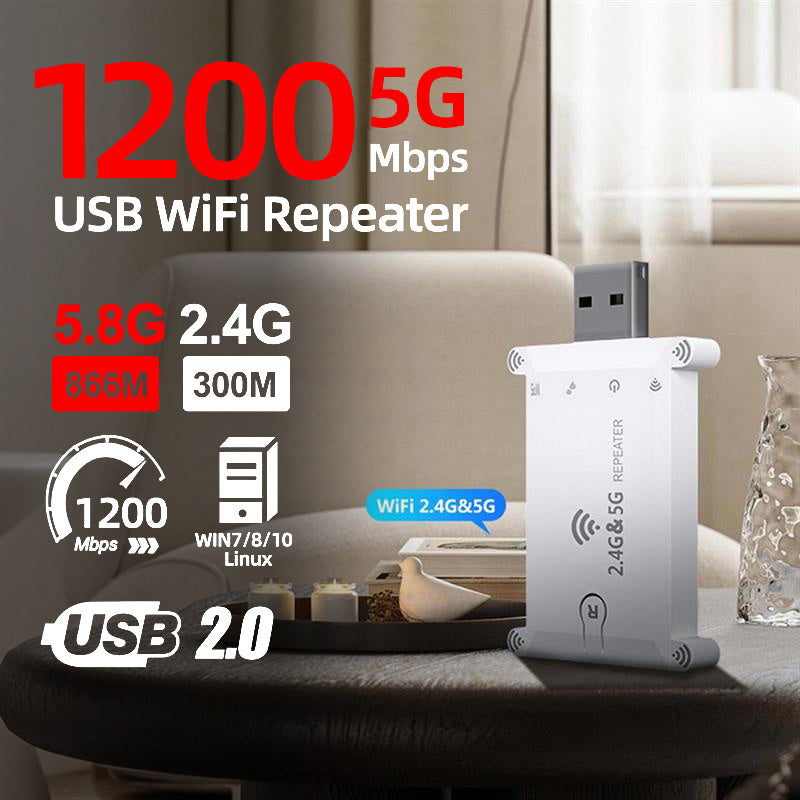 Repetidor WiFi USB de doble banda 5G de 1200Mbps para escritorios, Plug & Play, amplificador de Internet inalámbrico, compatible con redes 2.4G/5G, sin necesidad de batería