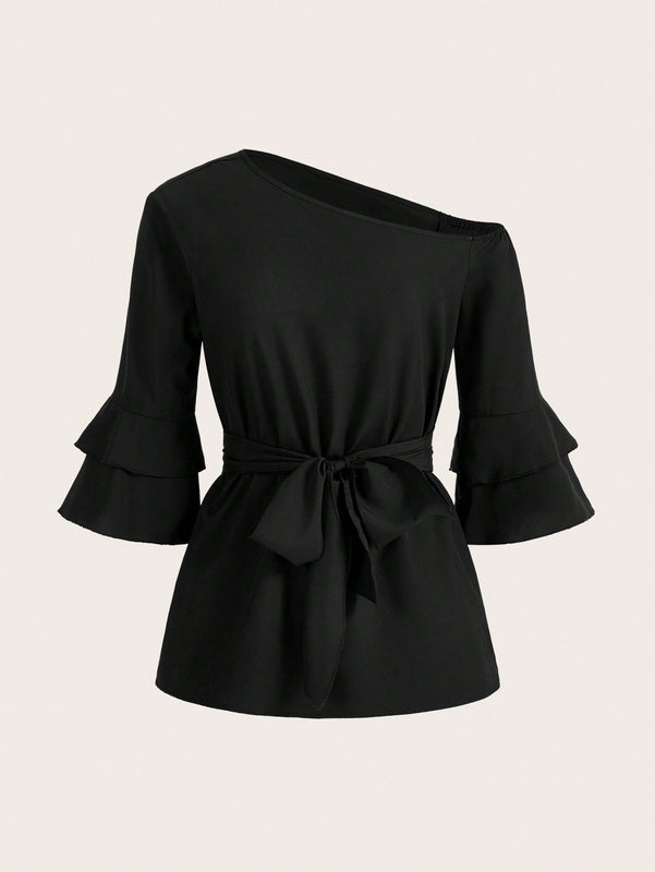 Clasi Camisa De Mujer Con Dobladillo Asimetrico Y Cinturon De Lazo