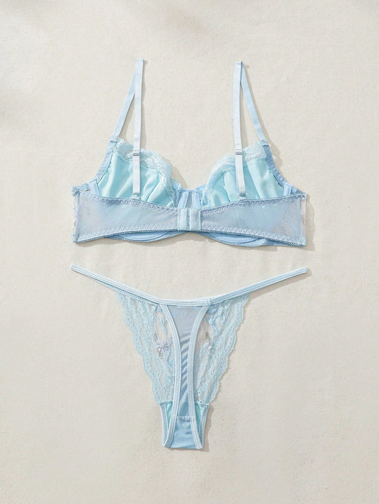 Conjunto De Lenceria Romantica Con Encaje Bordado De Flores Cosido