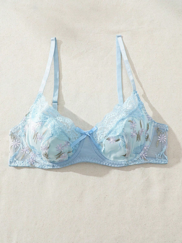 Conjunto De Lenceria Romantica Con Encaje Bordado De Flores Cosido