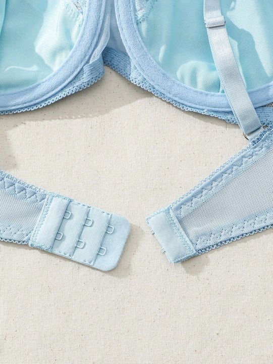 Conjunto De Lenceria Romantica Con Encaje Bordado De Flores Cosido