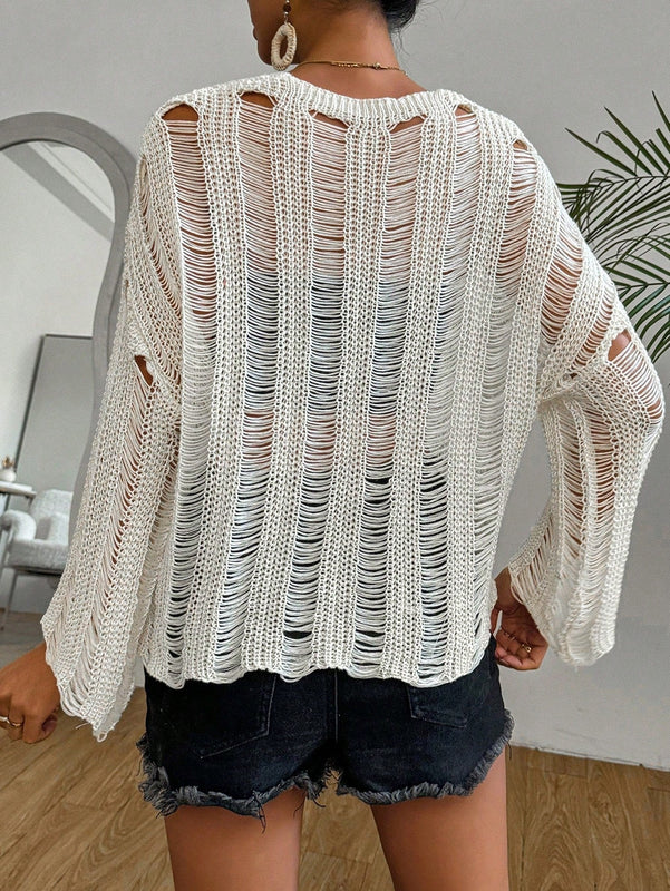 LUNE Jersey Sueter De Cuello Redondo Y Hombros Caidos Para Mujer Con Manga Larga Y Agujeros