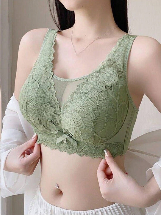 Sencillo Sujetador Inalambrico De Encaje Floral Solido Con Lazo, Sujetador De Cobertura Completa Comodo Y Transpirable, Lenceria Y Ropa Interior Para Mujeres