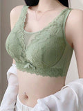 Sencillo Sujetador Inalambrico De Encaje Floral Solido Con Lazo, Sujetador De Cobertura Completa Comodo Y Transpirable, Lenceria Y Ropa Interior Para Mujeres