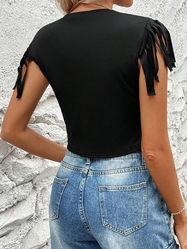 Camiseta Ajustada De Cuello Redondo Con Borlas En El Dobladillo Y De Color Solido