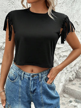 Camiseta Ajustada De Cuello Redondo Con Borlas En El Dobladillo Y De Color Solido