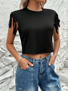 Camiseta Ajustada De Cuello Redondo Con Borlas En El Dobladillo Y De Color Solido