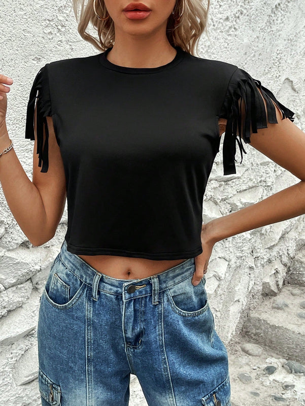Camiseta Ajustada De Cuello Redondo Con Borlas En El Dobladillo Y De Color Solido