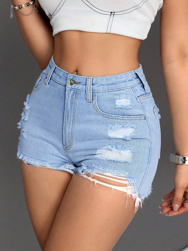 PETITE Pantalones Cortos De Mezclilla Desgastados Con Dobladillo Deshilachado Para Mujeres