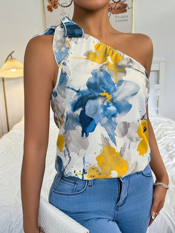 Prive Camisa Sin Mangas Con Cuello Asimetrico Y Estampado De Flores