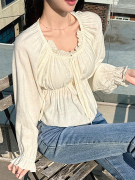 DAZY Camisa Estilo Dulce Con Dobladillo Plisado, Cinturilla Con Cordon Y Detalles De Volante En El Dobladillo