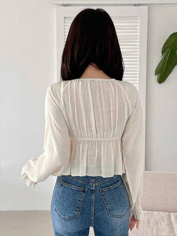 DAZY Camisa Estilo Dulce Con Dobladillo Plisado, Cinturilla Con Cordon Y Detalles De Volante En El Dobladillo