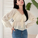 DAZY Camisa Estilo Dulce Con Dobladillo Plisado, Cinturilla Con Cordon Y Detalles De Volante En El Dobladillo