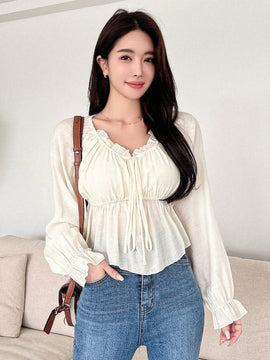 DAZY Camisa Estilo Dulce Con Dobladillo Plisado, Cinturilla Con Cordon Y Detalles De Volante En El Dobladillo