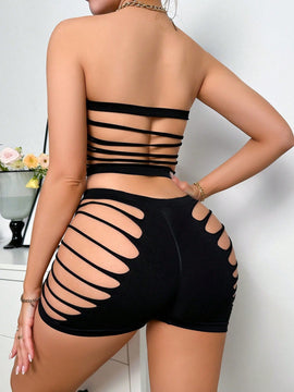 Conjunto De Ropa Interior Femenina Solido De Color Solido Con Diseno De Huecos Sin Tirantes