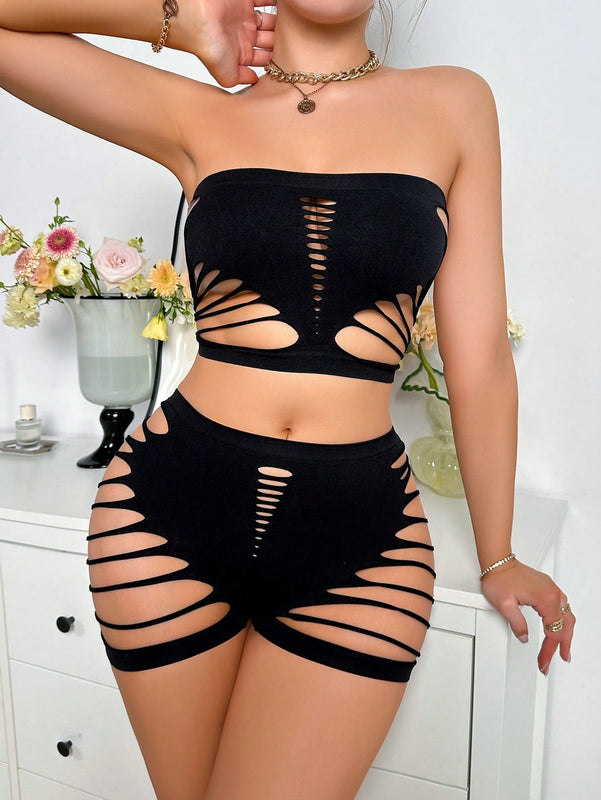 Conjunto De Ropa Interior Femenina Solido De Color Solido Con Diseno De Huecos Sin Tirantes