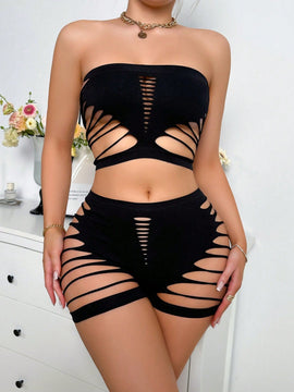 Conjunto De Ropa Interior Femenina Solido De Color Solido Con Diseno De Huecos Sin Tirantes